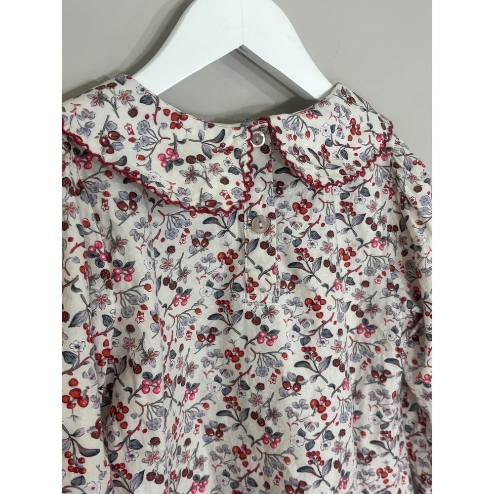 Girls Floral Berry Print Smocked Cotton Dress Peter Pan Collar Size 110 (5T)